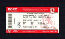 2012/13 MIDDLESBROUGH v CRYSTAL PALACE (PROMOTED) TICKET CHAMPIONSHIP 25.08.12
