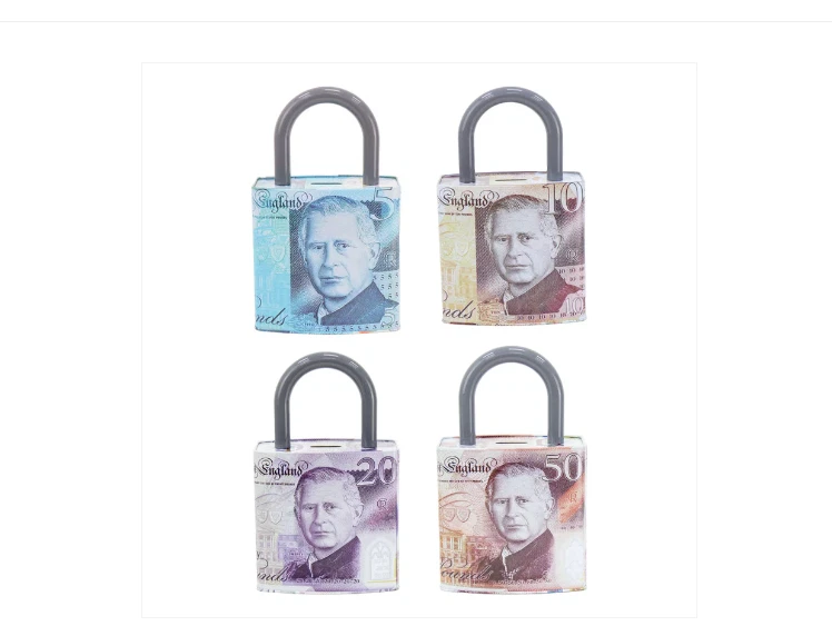 King Charles Tin Box Padlock Shape with Handle Pound Note Coin Money 16.5 x 9.5 - Image 2 of 4