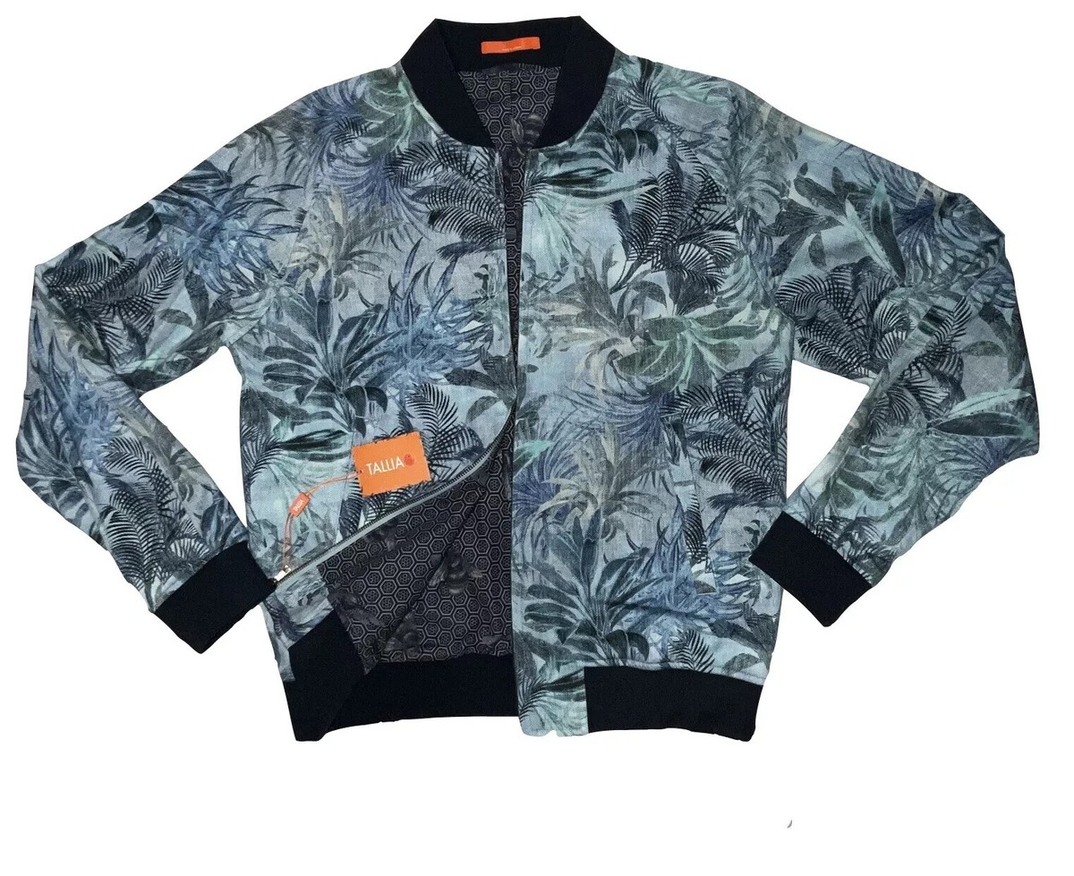 NEW Tallia Men's Modern-Fit Tropical Print Bomber Jacket, Teal