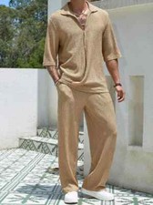 Men's Set Half Sleeved Shirt and Long Pants V-neck Casual Streetwear Loose Suit