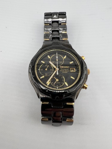 SEIKO 7T62-0CJ0 Quartz Chronograph Black Titanium & Gold Watch, Runs Strong!