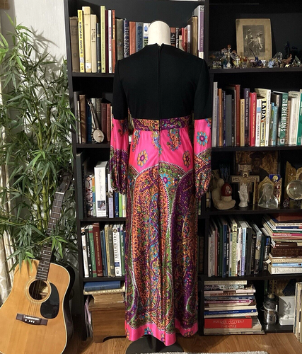 Vintage Maxi Dress 70s BoHo Empire Gypsie Pink Black - Picture 2 of 5