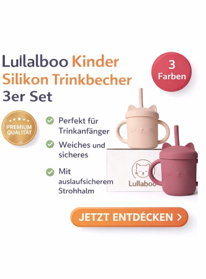 Lullaboo 3er Farbe Set Trinkbecher Silikon mit Strohhalm BPA-frei Baby Becher - Bild 2 von 4