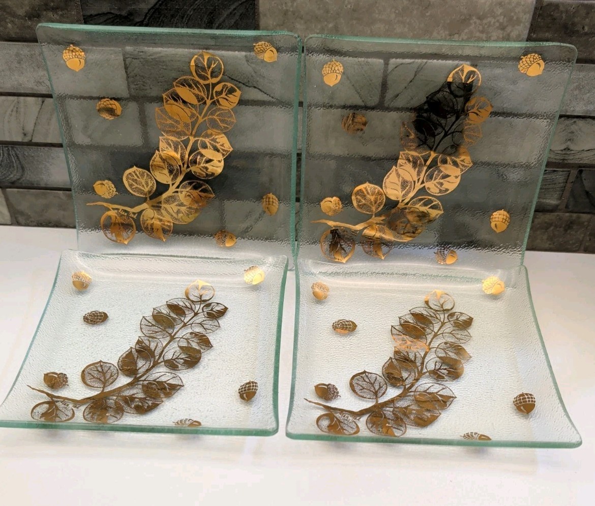Vintage Mid-Century Modern Gold Leaf & Acorn Glass Plates - Set of 4 - MCM...