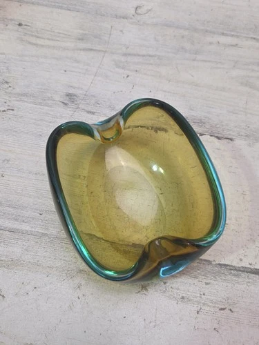 Murano Glass Ashtray Green and Amber Sommerso Vintage MCM