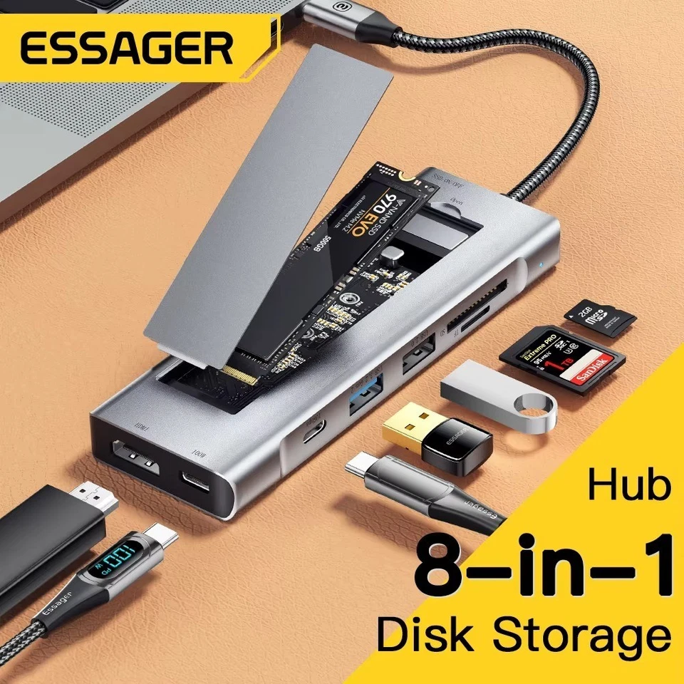 Hub USB-C Essager 8in1 Dock Station con storage HDMI per MacBook Pro/Air - Immagine 2 di 4