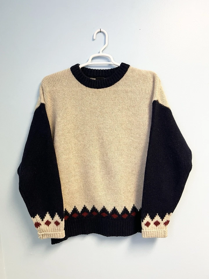 Vintage 90s Structure Shetland Wool Sweater XL Cream Navy Fair Isle Knit - Image 2 of 4