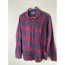 LOBO by Pendleton Mens L Red Blue Plaid Wool Blend Flannel Shirt Made in USA