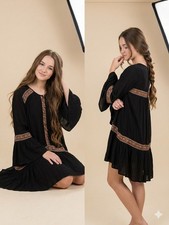 Anthropologie Ecote Urban Outfitters Boho Embroidered High-Low Tunic Dress Black
