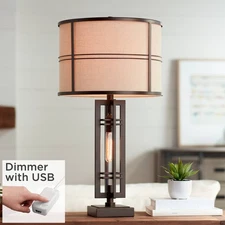 Industrial Table Lamp with USB Port Nightlight Bronze Drum Shade for Living Room