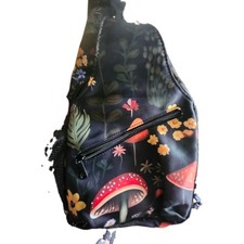 Black Mushroom Print Crossbody Sling Bag with Adjustable Strap  Zip Closure