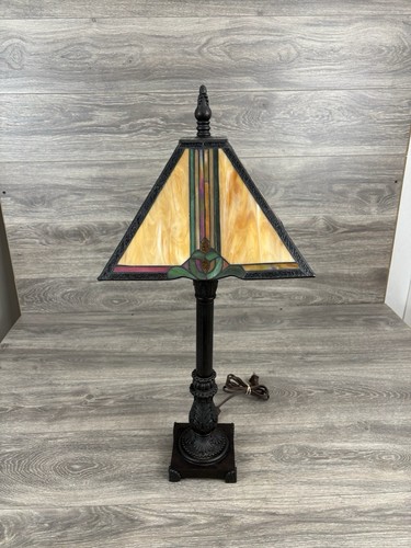 Vintage Tiffany Lamp Mission Style Iridescent Stained Slag Glass Panels Bronze - Picture 3 of 7