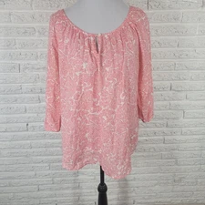 Croft Barrow Womens Top Extra Large XL 3/4 Sleeve Pink Geometric Keyhole Cotton