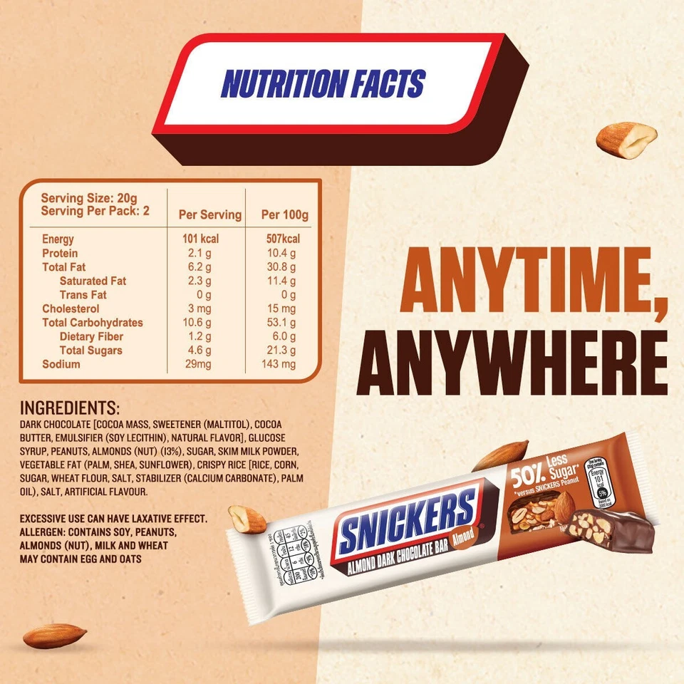5x Barra de chocolate negro de almendra Snickers 40 g | 50 % menos azúcar | Snack saludable Foto 2 de 4