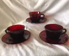 Anchor Hocking Royal Ruby Teacups & Saucers Vintage - Set of 3