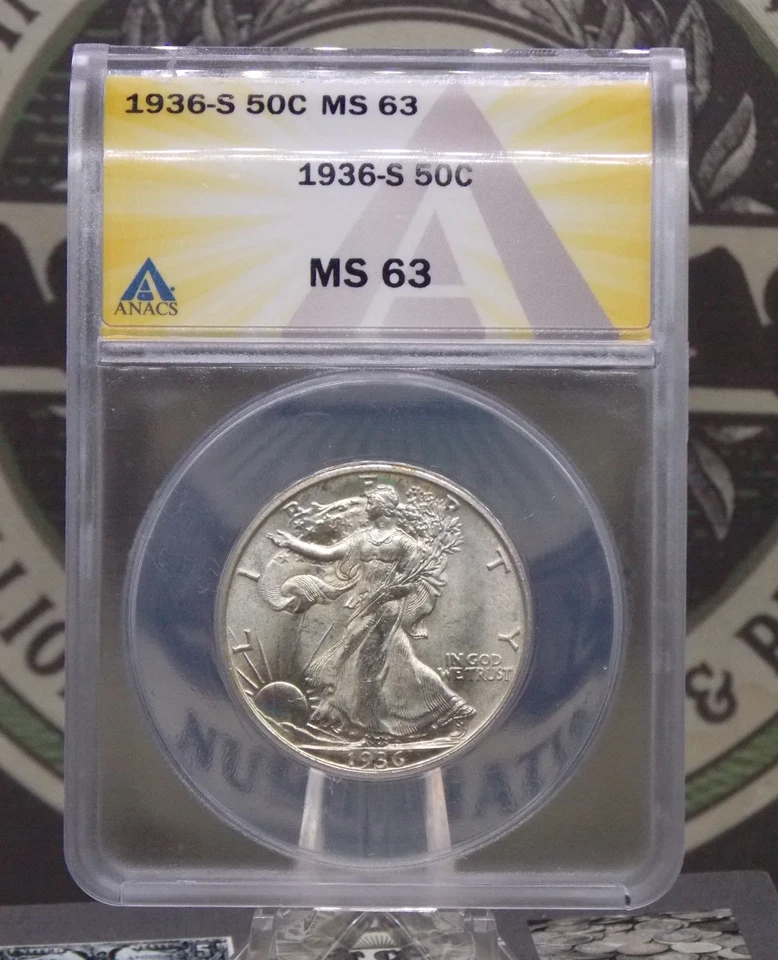 1936 年 "S" Walking Liberty 银色半美元 50c ANACS MS63 #555 Unc BU ECC&C Inc — 第 3/4 张图片