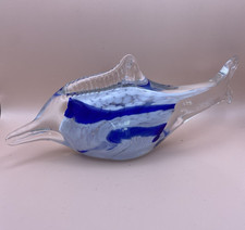 Vintage Studio Art Glass Fish Dolphin Paperweight - Cobalt Blue & White