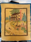 Vintage HAND EMBROIDERED WALL HANGING Farm House Well Trees Flowers `24 x 19.5”