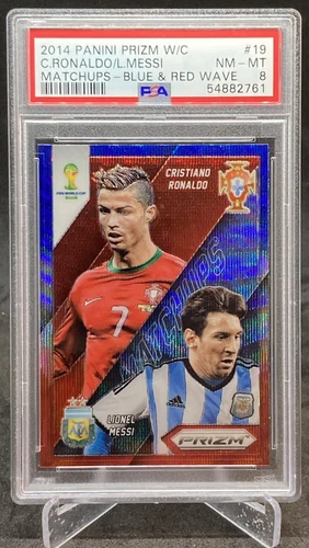 RONALDO & MESSI 2014 Panini Prizm Matchups Blue & Red Wave Soccer Card #19 PSA 8