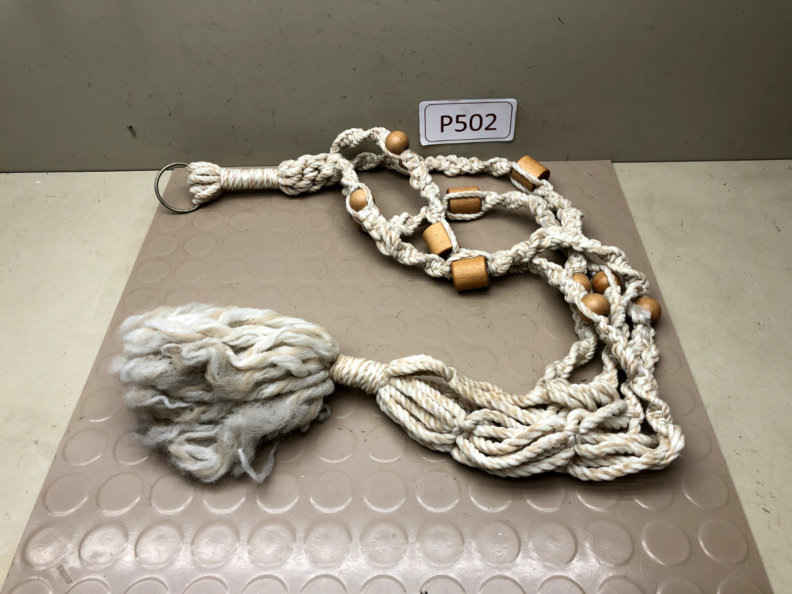 Vintage MCM White Macrame Plant Hanger w/ Wood Beads