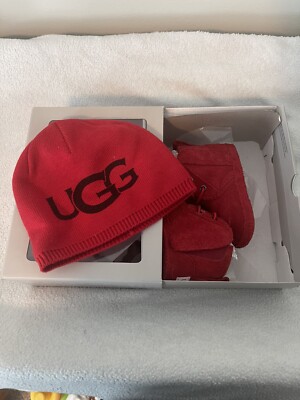 UGG Baby Neumel & Beanie Red Suede Leather Sheepskin Boots 2/3 (6-12 months)