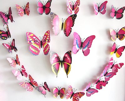 12pcs Removable 3-dimensional 3D butterfly wall stickers w/ fridge magnet (Pink)