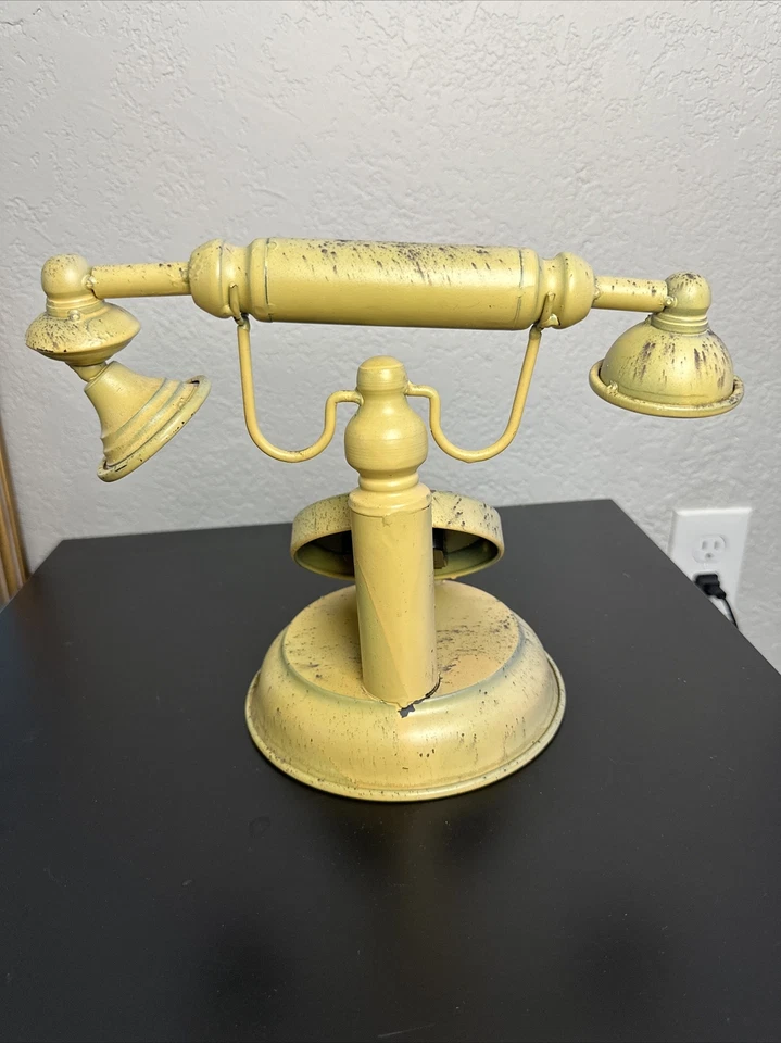 Yellow Retro Metal Mantel Clock - Old Fashioned Telephone - Vintage Shabby Chic - Image 3 of 4