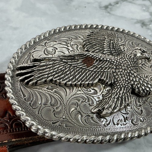 Vintage Argent Aigle Ceinture Boucle Avec 42 " Travaillé Cuir Ceinture - Photo 12 sur 12