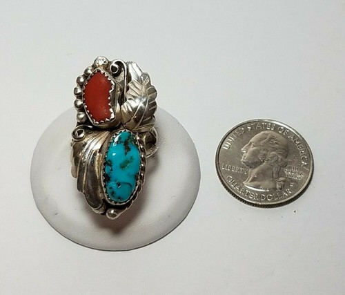 Native American Sterling Silver Turquoise Coral Ring Stan Slim SS Navajo Vintage - Picture 8 of 9