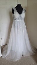 Elegant White On White Wedding Or Formal Sheer Dress, Polyester And Lace, Sz L.