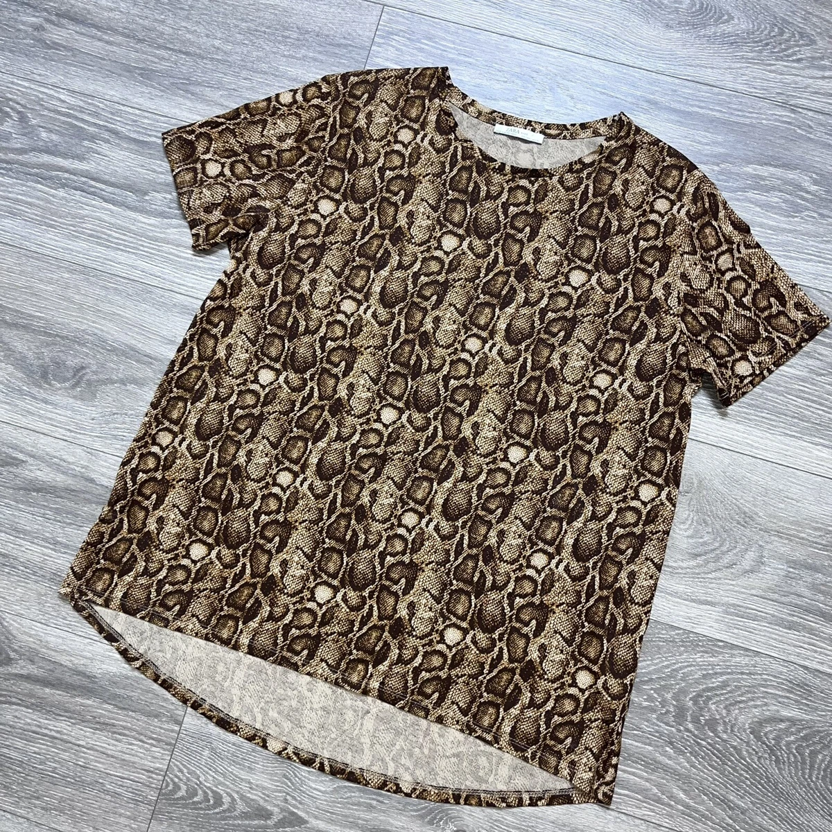 Zara Basic Tee Women L Short Sleeve Brown Leopard Print High Low