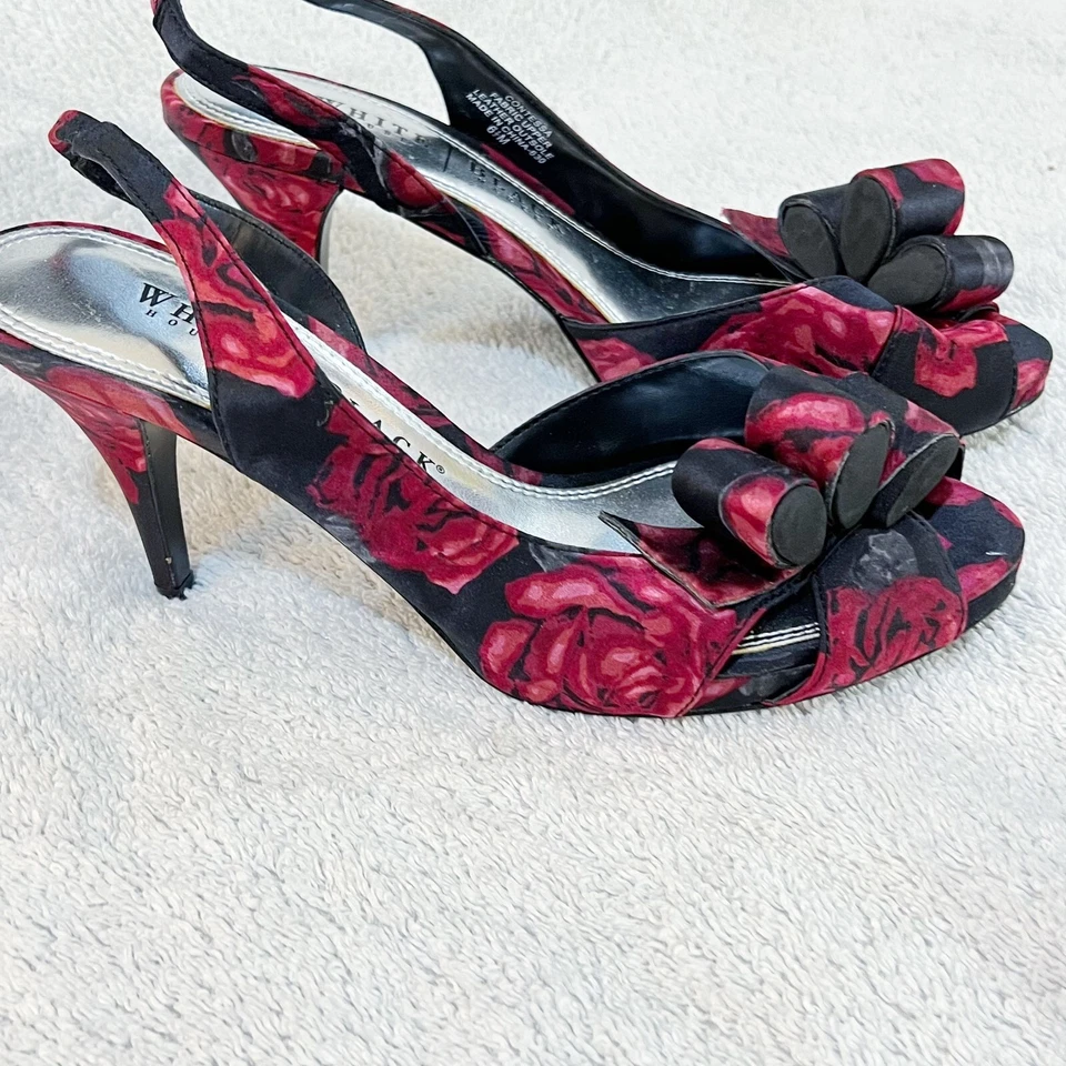 White House Black Market Womens Black Red Slingback Heels 6.5M Floral Peep Toe - Image 3 of 4
