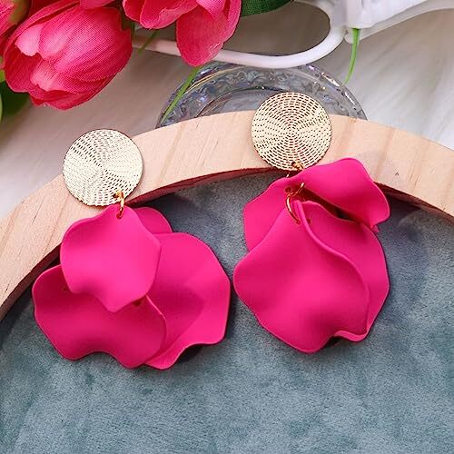 Rose Petal Dangle Earrings for Women Girls Petal Tassel Earrings Rose Pink - Picture 7 of 7