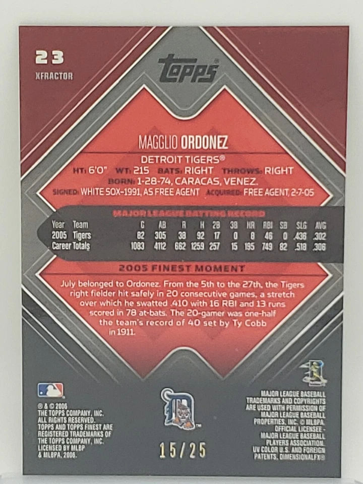 2006 Topps Finest Black X-Fractor SP Magglio Ordonez 15/25 NM/MT White Sox - Image 2 of 3