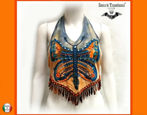 Women Short Clothing Tank Crop Top Elegant Tanktop Luxury Embroidered Butterfly - Picture 2 of 24