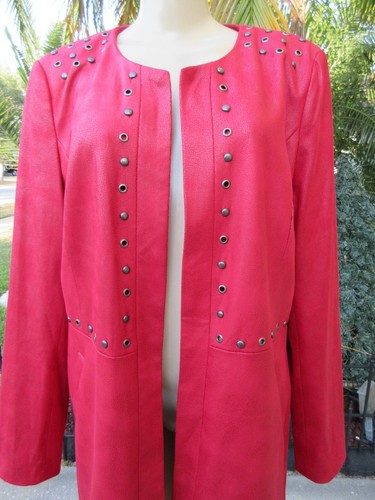 Lena Gabrielle Red Studded Long Jacket Size 12 No Closure Faux Leather Look - Picture 2 of 12