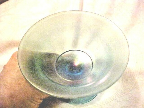 Vintage Blue Green Irridescent Stretch Glass 3 1/4 Inch Tall Bowl / Compote - Picture 5 of 5