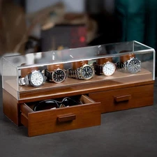 PARKWAY HOME Brown Watch Box Organizer Watch Display Case SOLID OAK 2 Drawers
