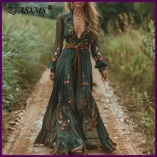 Ethnic Floral Print Long Dress Pleated Boho Shirt Collar Party Maxi Dress