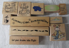 Lot 11 Wood Rubber Mounted Stamps Vintage Various Sizes  Themes