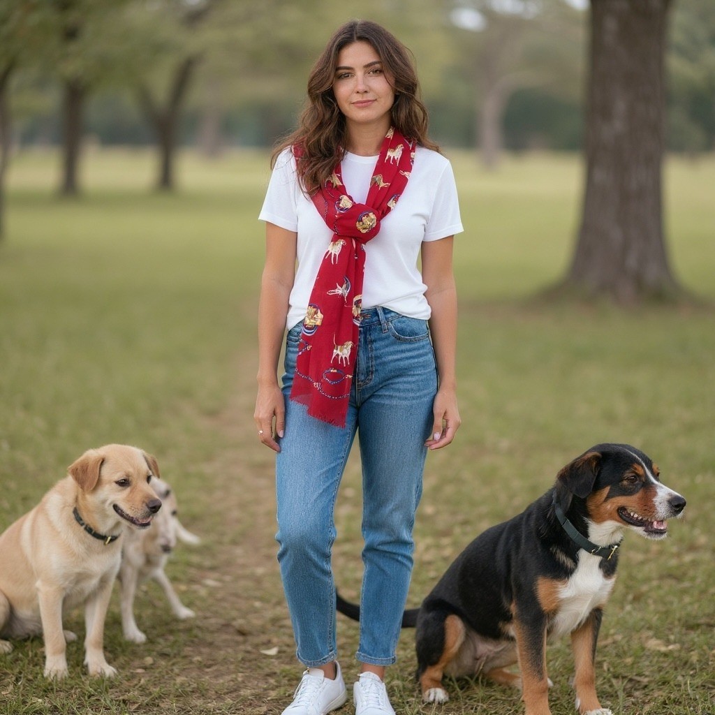 Womens Red Dog Print Rectangular Scarf Novelty Puppy Pattern Sheer Lightweight