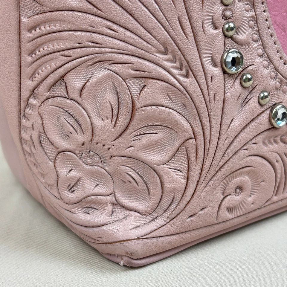 Bolso de Mano American West Tooled a Mano Floral Cuero Rosa Estrás Tachonado Foto 3 de 4