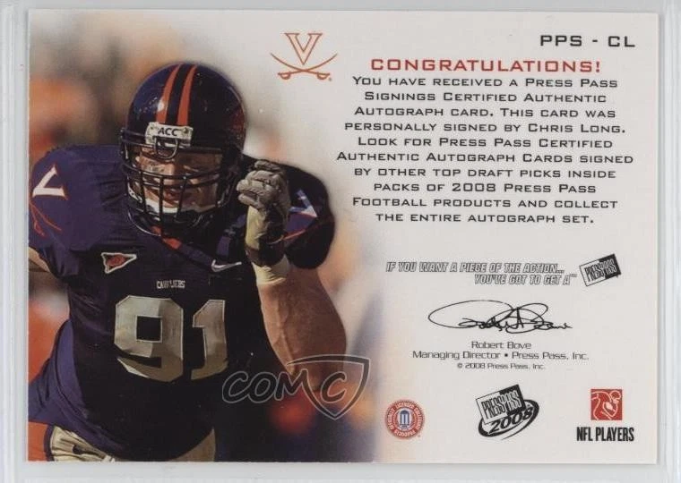 2008 Press Pass Signings Blue Red Ink /50 Chris Long #PPS-CL Rookie Auto RC - Image 2 of 2