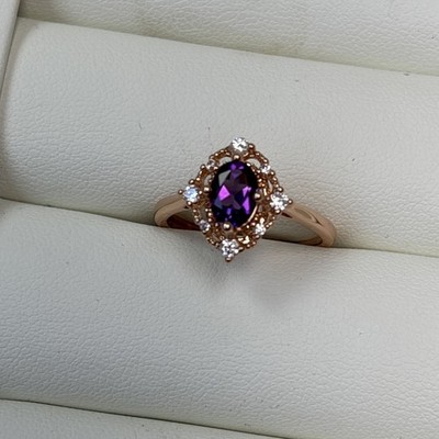 Vintage vergoldeter Amethyst Ring   Ovalschliff lila Edelstein   Funkelnder Heiligenschein CZ Geschenk
