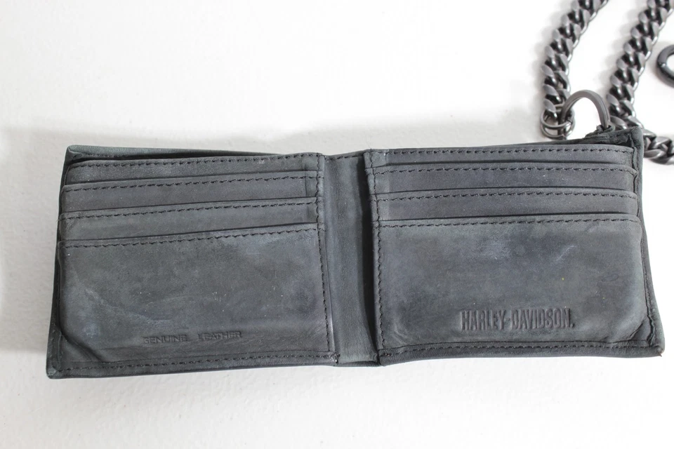 Cartera Harley Davidson negra doble pliegue o doble pliegue de cuero con cadena Foto 3 de 4