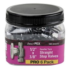 Apollo 1/2" Chrome-Plated Brass PEX-B Barb x 3/8" Comp 1/4-turn Stop Valve 6-pk