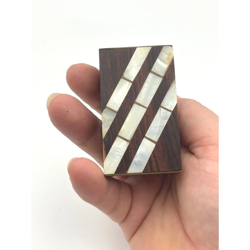 Vintage Wood Inlay Trinket Box Mother of Pearl Striped Decorative Small - Image 2 of 4