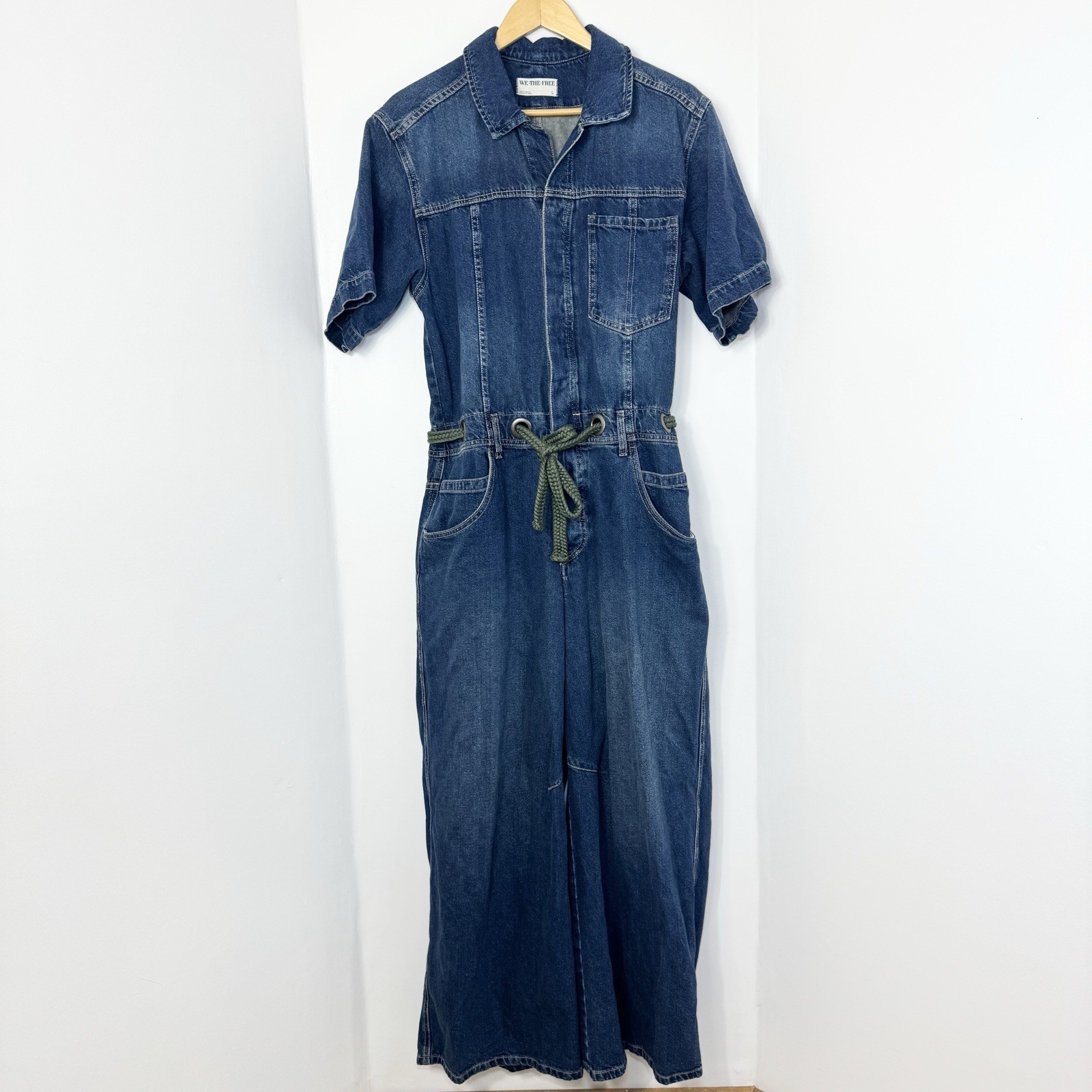 Free People We The Free Denim Jumpsuit Utility Coverall Workwear Wide Leg Large