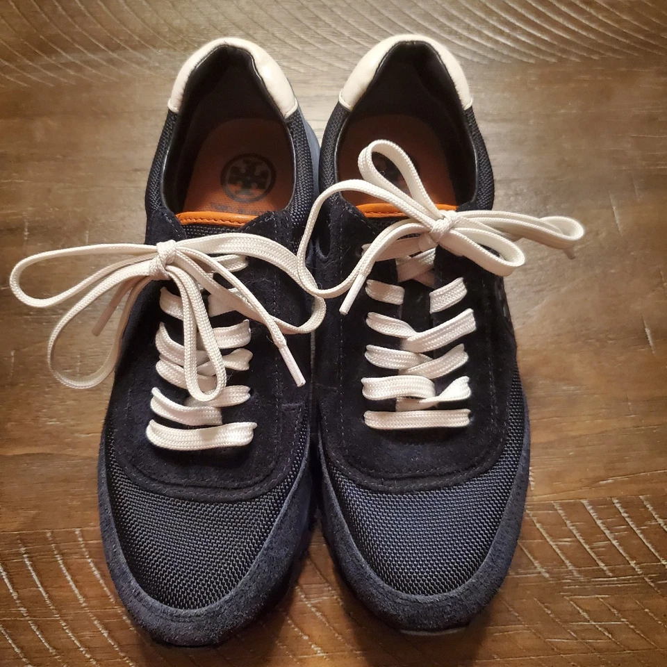 Tory Burch Women's  Navy Blue Suede Nylon Sneakers with Logo Retro Trainer Sz 5 - Image 2 of 4