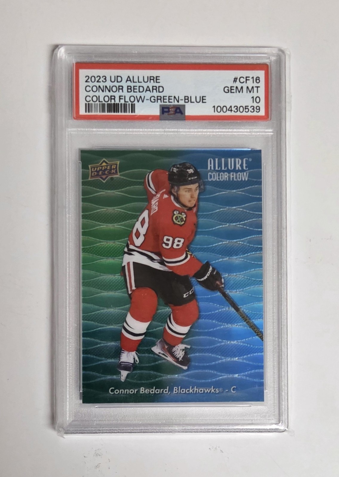 2023-24 ALLURE GEM PSA 10 CONNOR BEDARD GREEN BLUE COLOR FLOW CF-16 RC